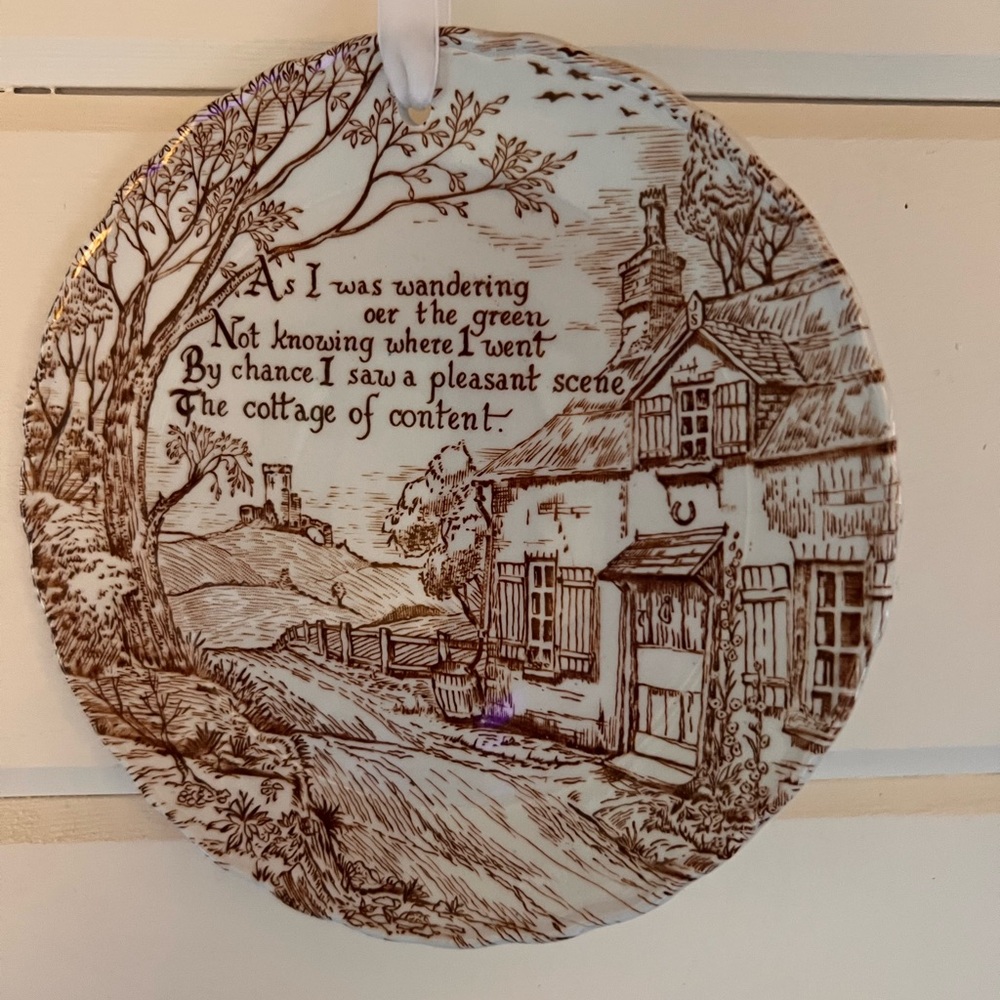 Staffordshire Brown and White Plate with Cottage Scene